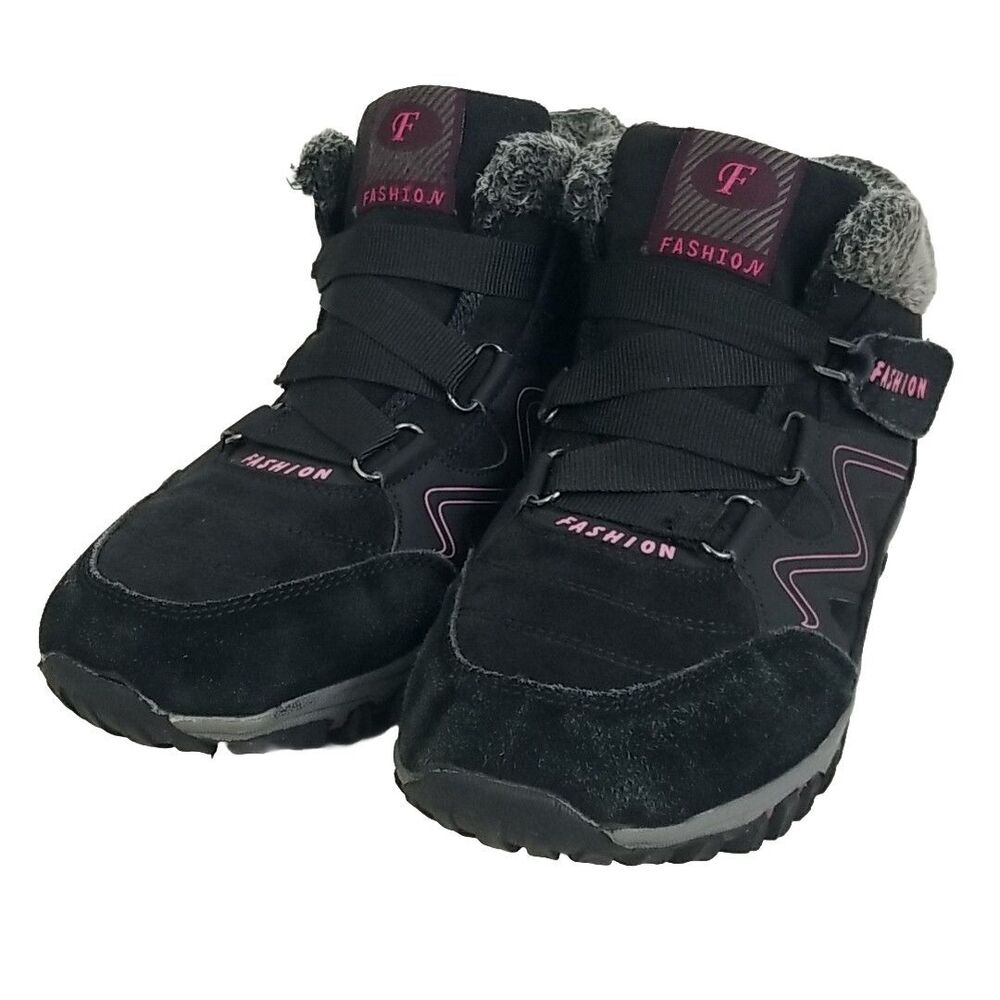 FASHION Orthopedic Fleece Snow Boots Women 7.5 Pink And Black W/ Gray Fur Tops